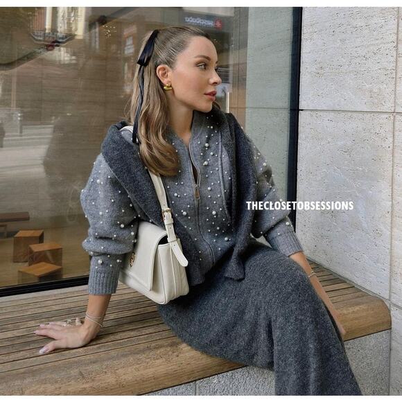 ZARA Wool-Blend Knit Jacket NWT | Gray Pearl Bomber Cardigan - Picture 6 of 12